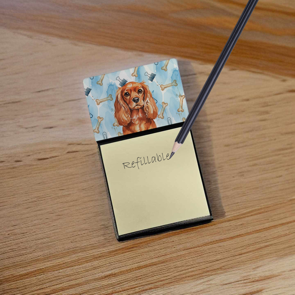 Ruby English Toy Spaniel Coworker Watercolor Sticky Note Holder Refillable Dispenser Desk Accessory 3x3 Pad Gift