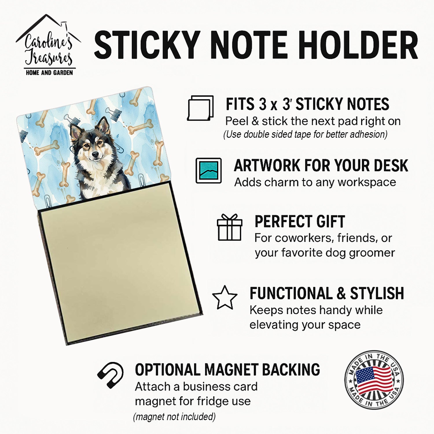 Finnish Lapphund Coworker Watercolor Sticky Note Holder Refillable Dispenser Desk Accessory 3x3 Pad Gift