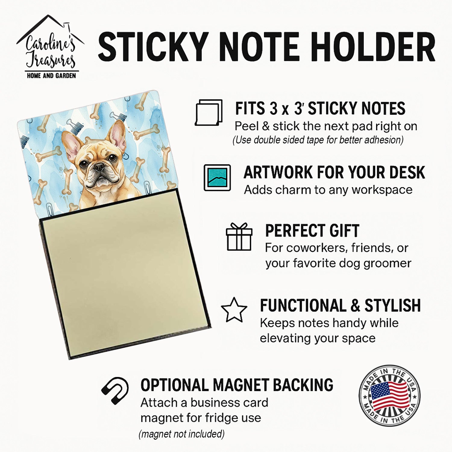 Fawn French Bulldog Coworker Watercolor Sticky Note Holder Refillable Dispenser Desk Accessory 3x3 Pad Gift