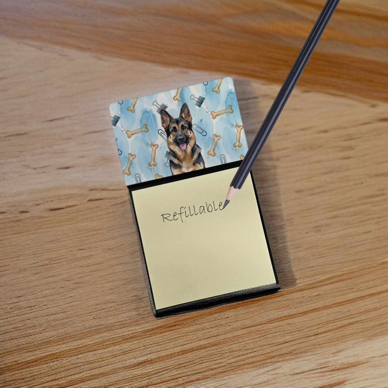 German Shepherd Coworker Watercolor Sticky Note Holder Refillable Dispenser Desk Accessory 3x3 Pad Gift