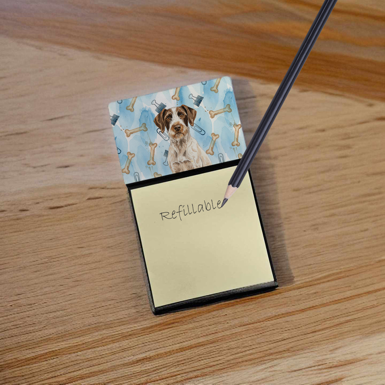 Liver and White German Wirehaired Pointer Coworker Watercolor Sticky Note Holder Refillable Dispenser Desk Accessory 3x3 Pad Gift