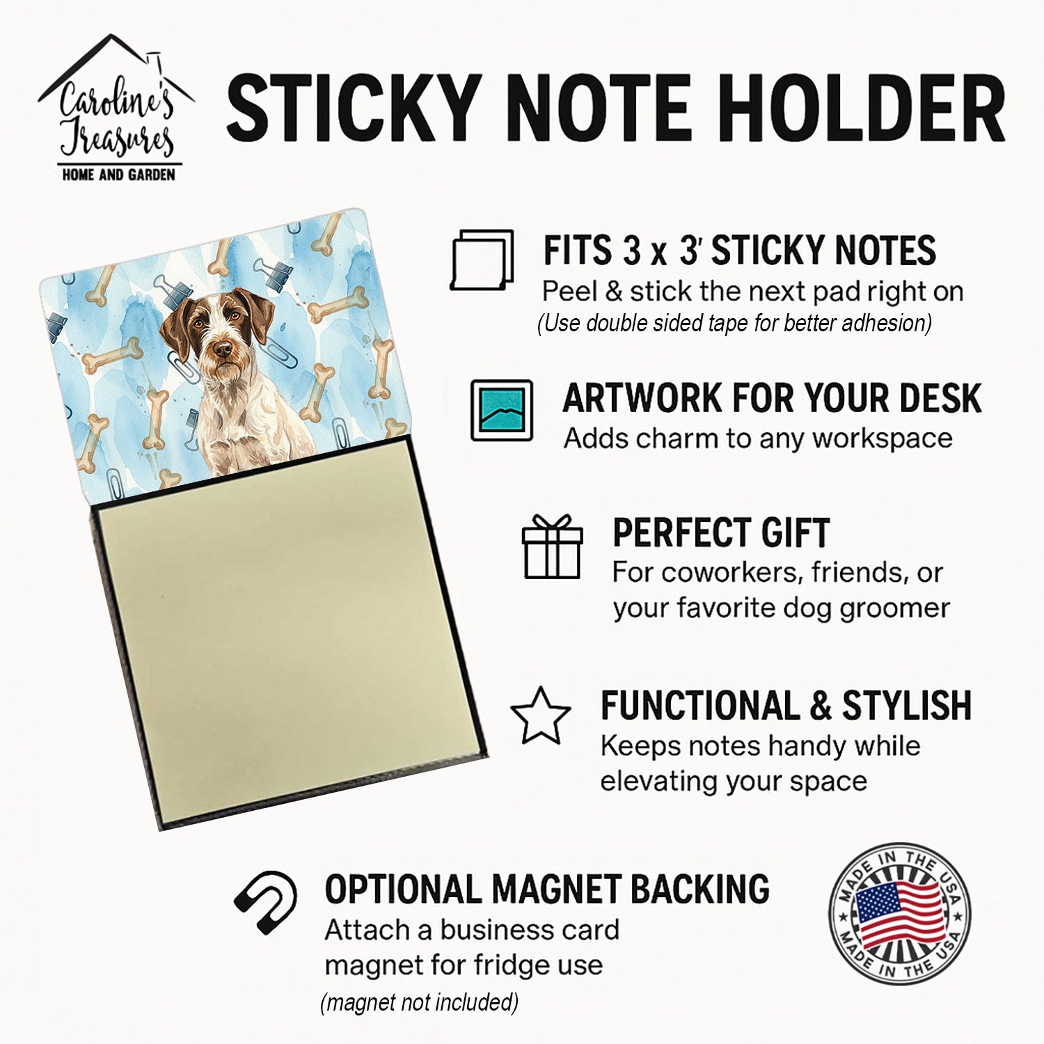 Liver and White German Wirehaired Pointer Coworker Watercolor Sticky Note Holder Refillable Dispenser Desk Accessory 3x3 Pad Gift