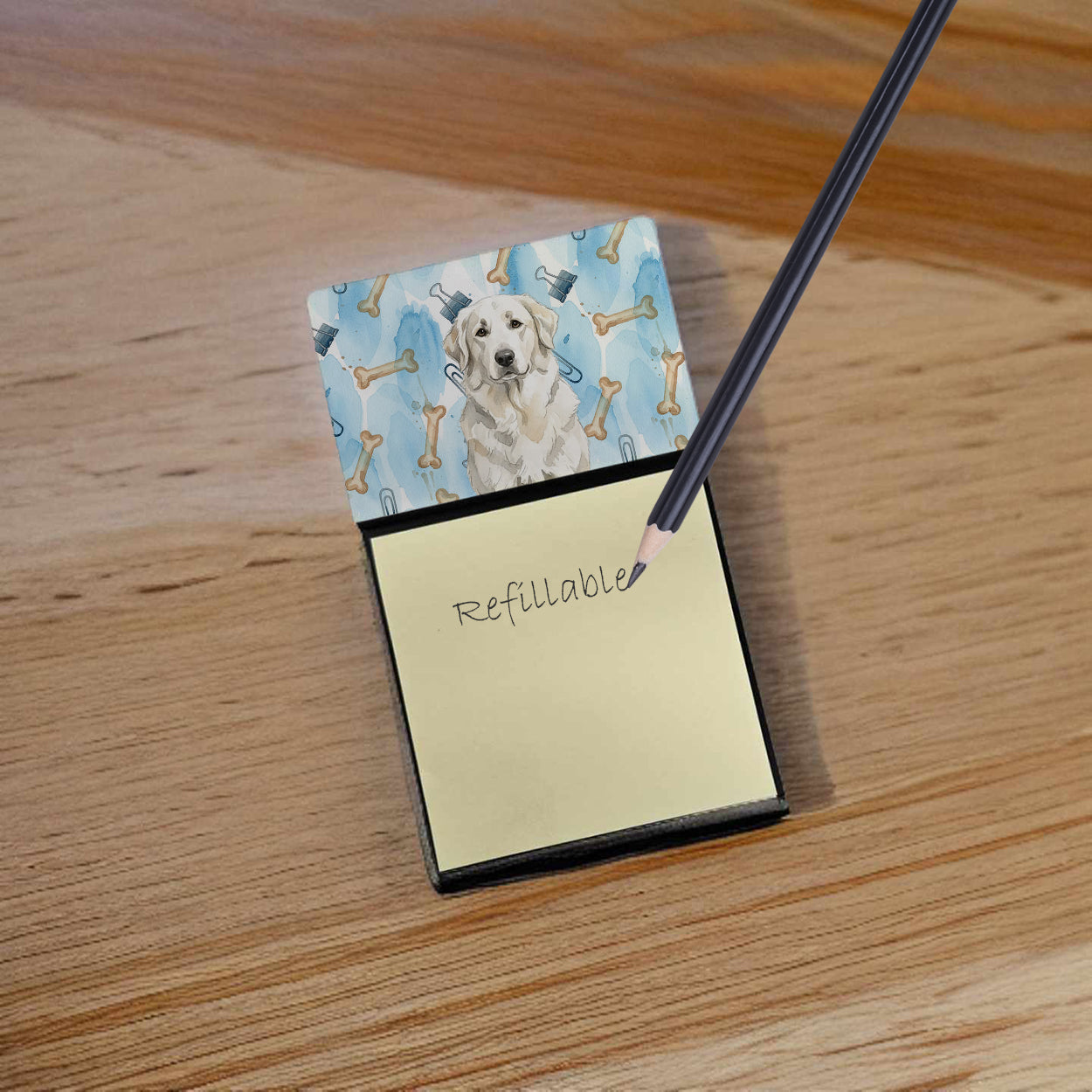 White Great Pyrenees Coworker Watercolor Sticky Note Holder Refillable Dispenser Desk Accessory 3x3 Pad Gift