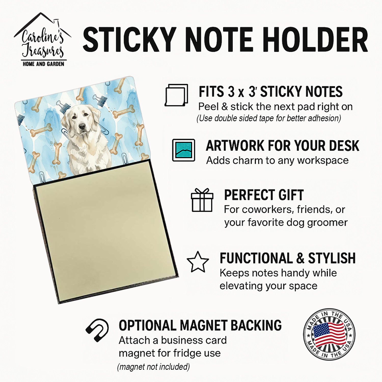 White Great Pyrenees Coworker Watercolor Sticky Note Holder Refillable Dispenser Desk Accessory 3x3 Pad Gift