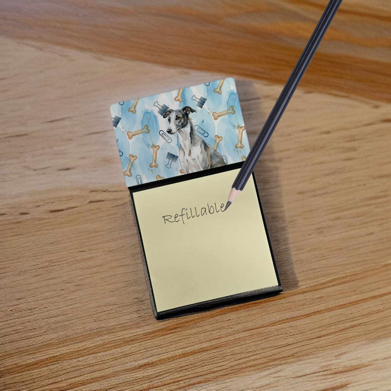 Black and White Greyhound Coworker Watercolor Sticky Note Holder Refillable Dispenser Desk Accessory 3x3 Pad Gift