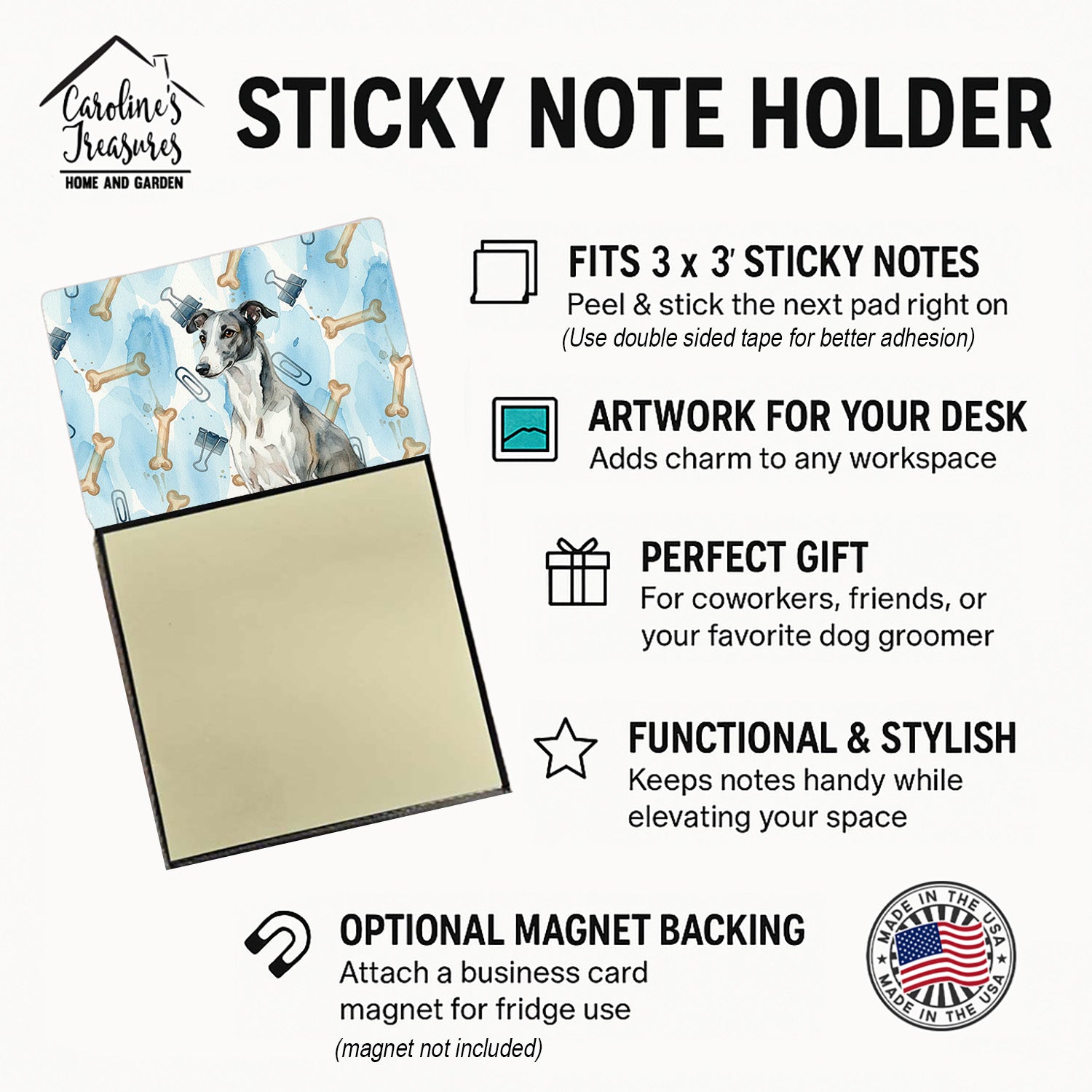 Black and White Greyhound Coworker Watercolor Sticky Note Holder Refillable Dispenser Desk Accessory 3x3 Pad Gift