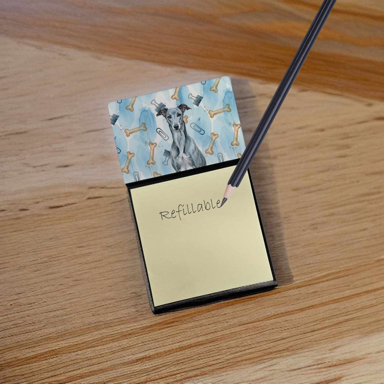 Blue Brindle Greyhound Coworker Watercolor Sticky Note Holder Refillable Dispenser Desk Accessory 3x3 Pad Gift
