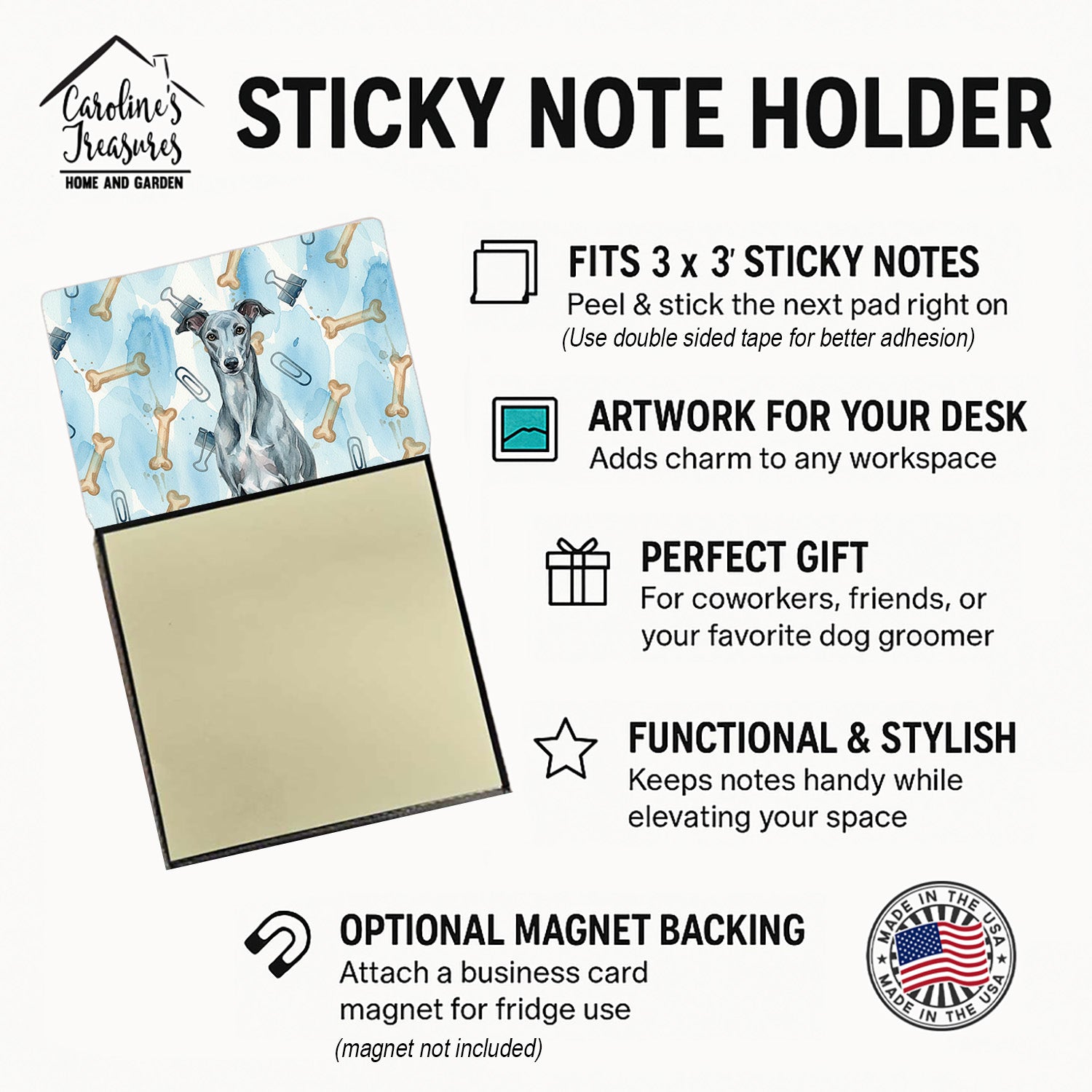 Blue Brindle Greyhound Coworker Watercolor Sticky Note Holder Refillable Dispenser Desk Accessory 3x3 Pad Gift