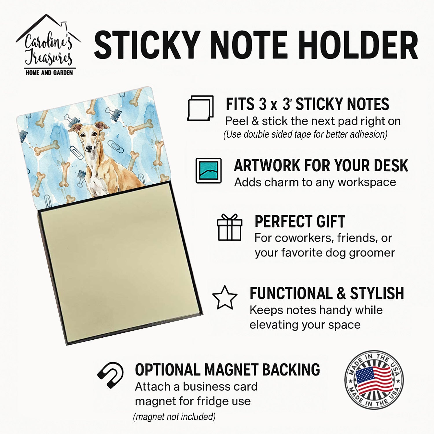 Fawn Greyhound Coworker Watercolor Sticky Note Holder Refillable Dispenser Desk Accessory 3x3 Pad Gift
