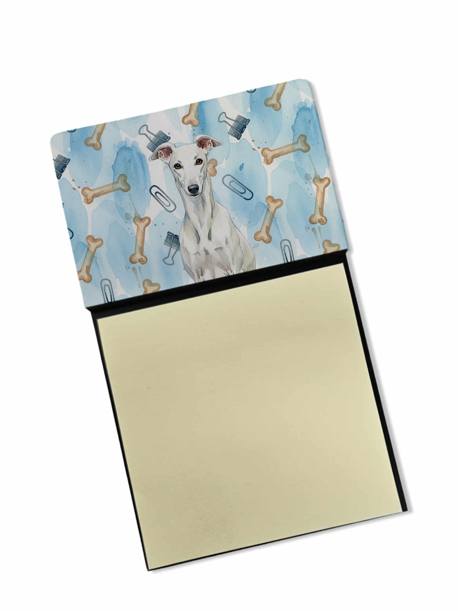 White Greyhound Coworker Watercolor Sticky Note Holder Refillable Dispenser Desk Accessory 3x3 Pad Gift
