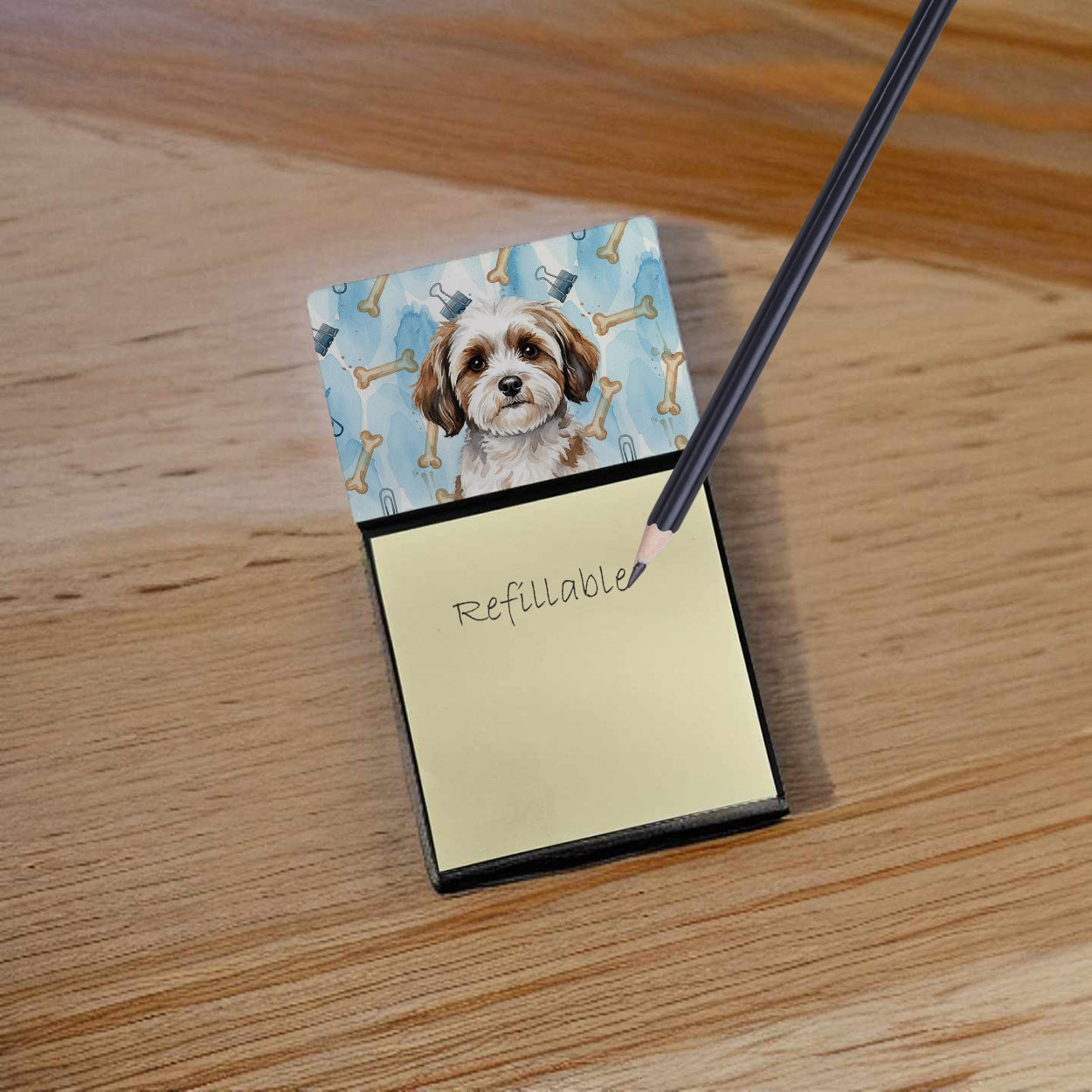 Parti-color Havanese Coworker Watercolor Sticky Note Holder Refillable Dispenser Desk Accessory 3x3 Pad Gift
