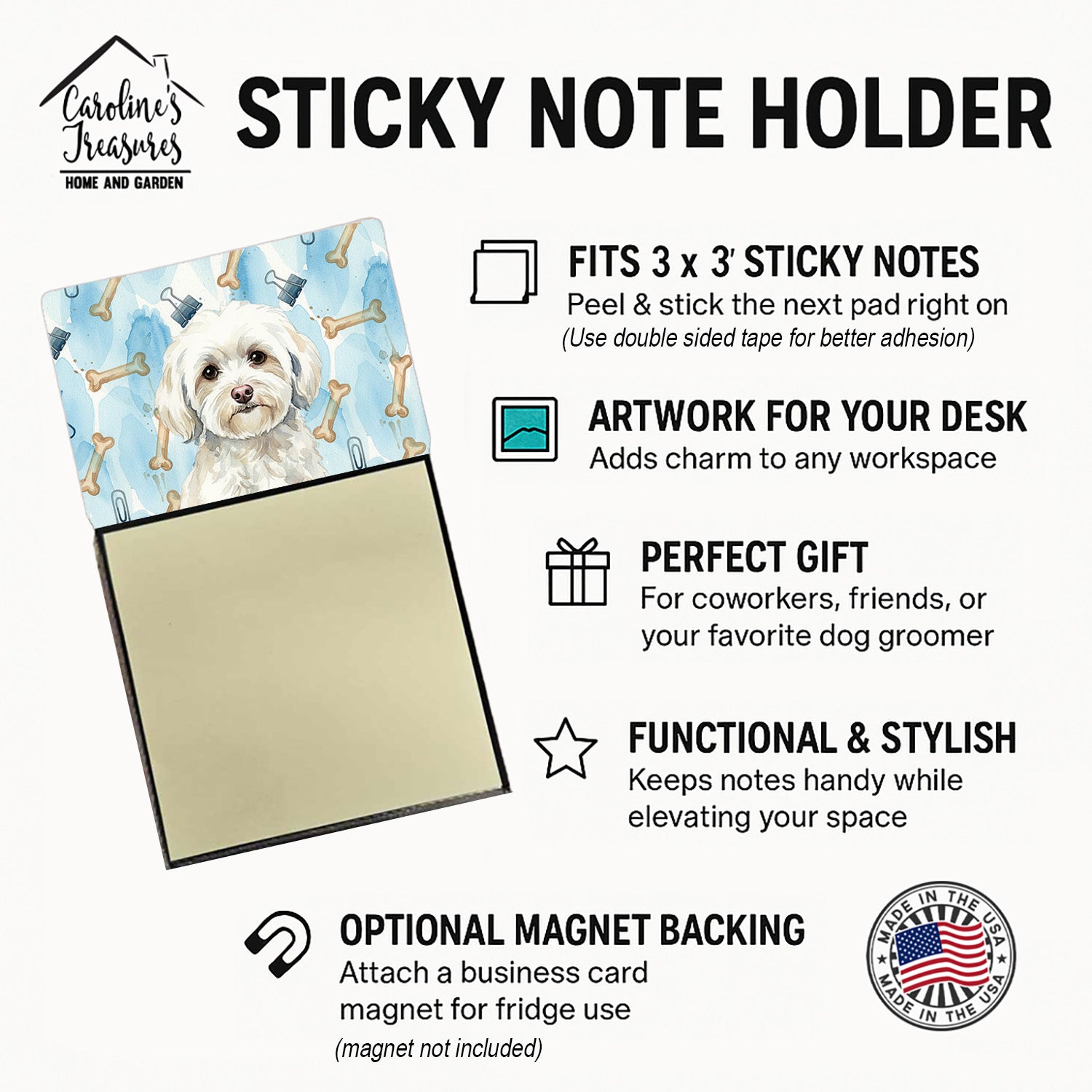 White Havanese Coworker Watercolor Sticky Note Holder Refillable Dispenser Desk Accessory 3x3 Pad Gift