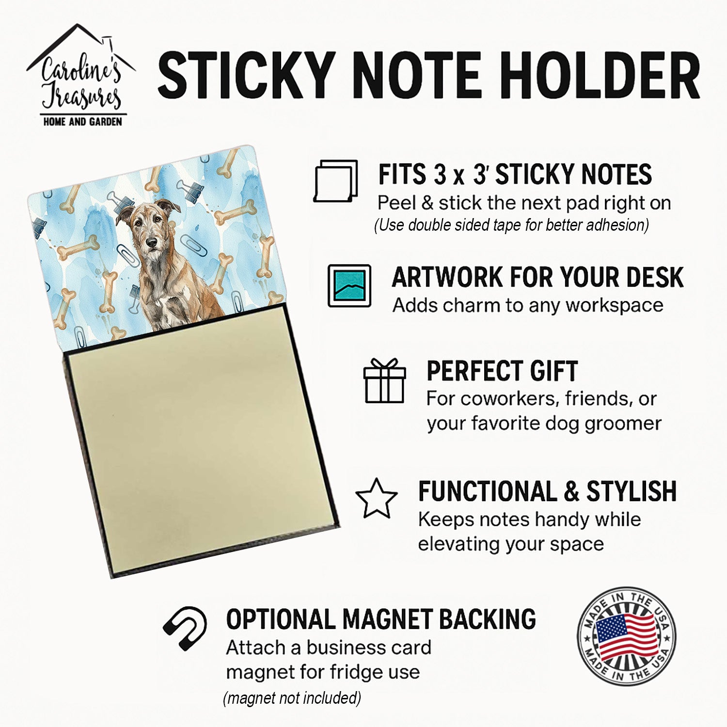 Brindle Irish Wolfhound Coworker Watercolor Sticky Note Holder Refillable Dispenser Desk Accessory 3x3 Pad Gift
