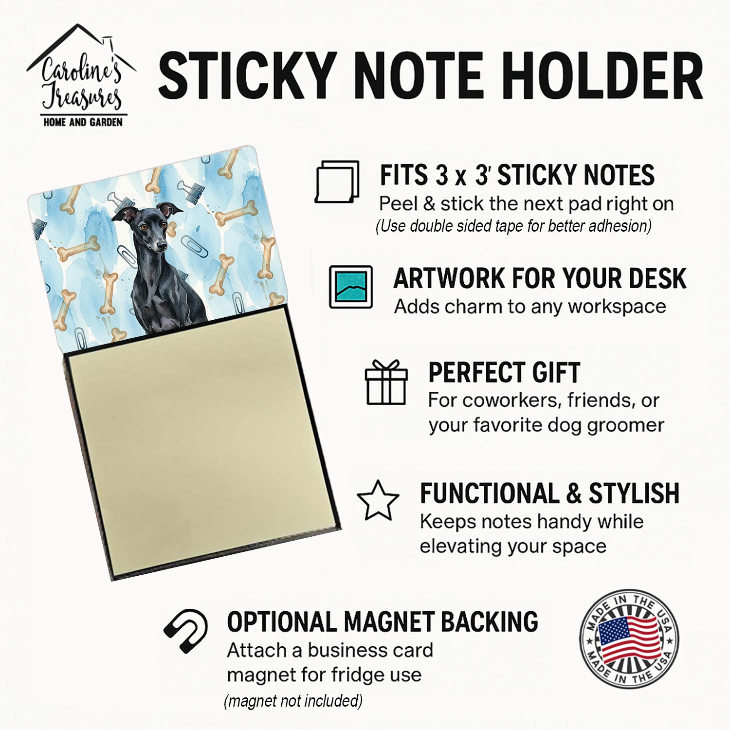 Black Italian Greyhound Coworker Watercolor Sticky Note Holder Refillable Dispenser Desk Accessory 3x3 Pad Gift