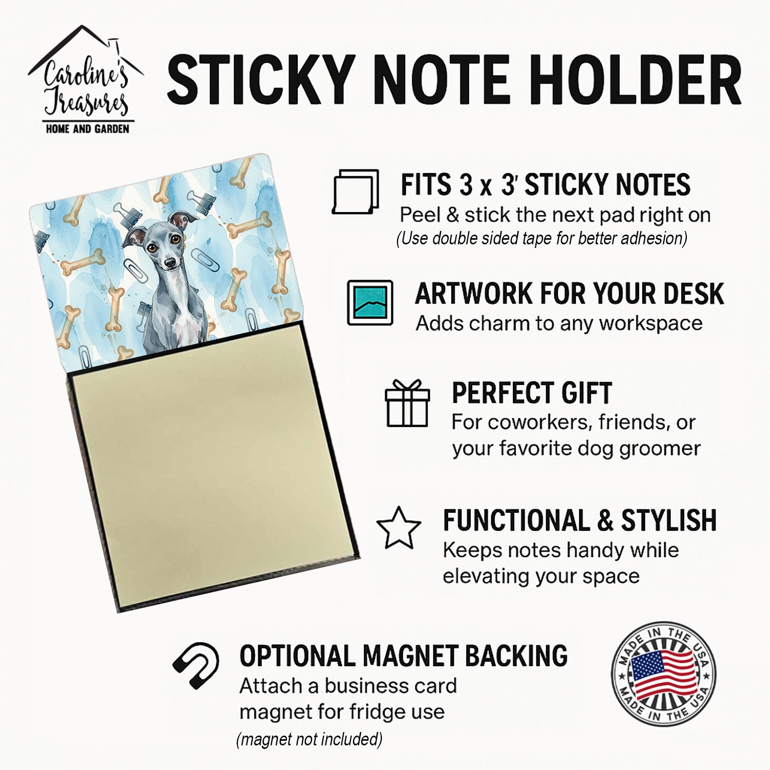 Blue Italian Greyhound Coworker Watercolor Sticky Note Holder Refillable Dispenser Desk Accessory 3x3 Pad Gift