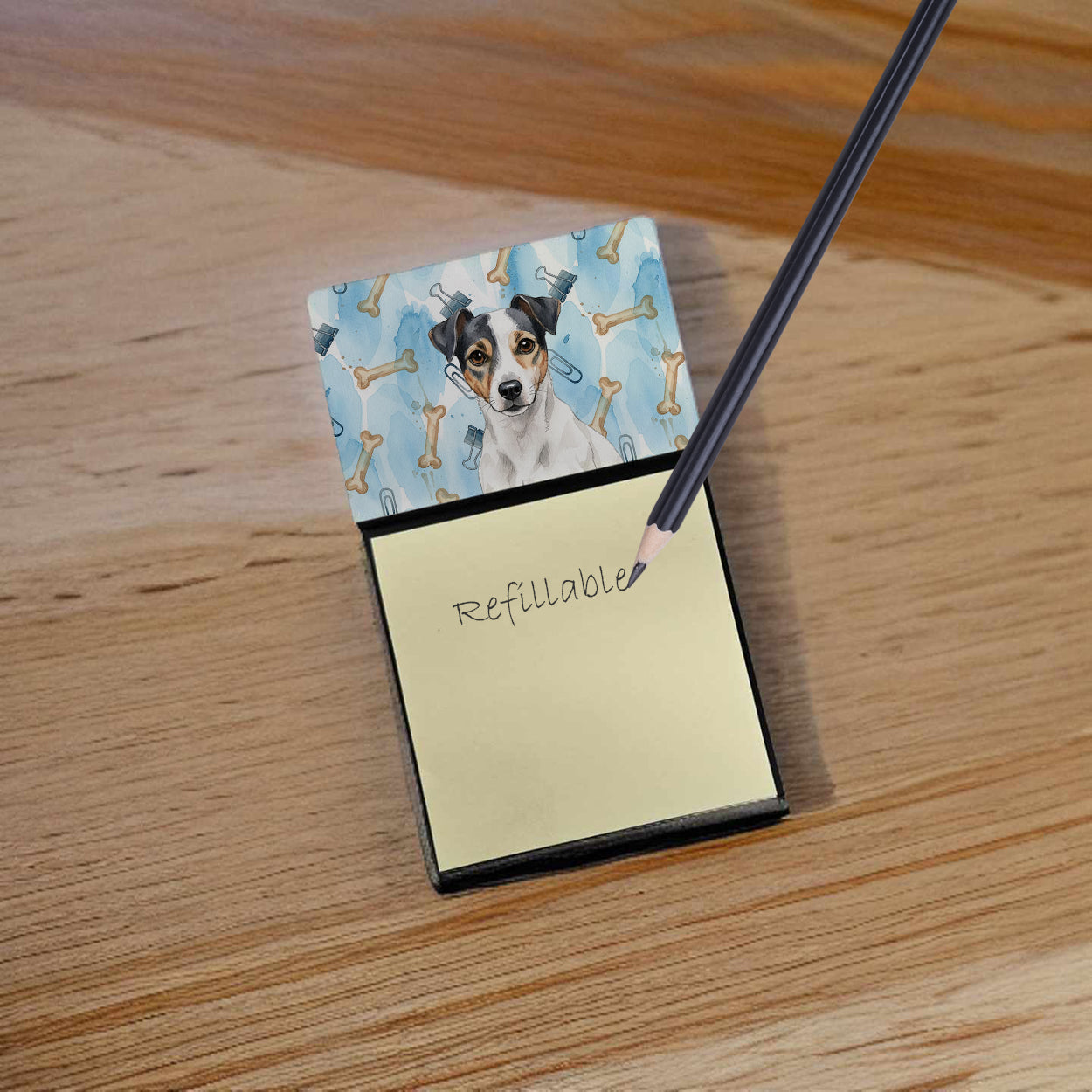 White and Black Jack Russell Terrier Coworker Watercolor Sticky Note Holder Refillable Dispenser Desk Accessory 3x3 Pad Gift