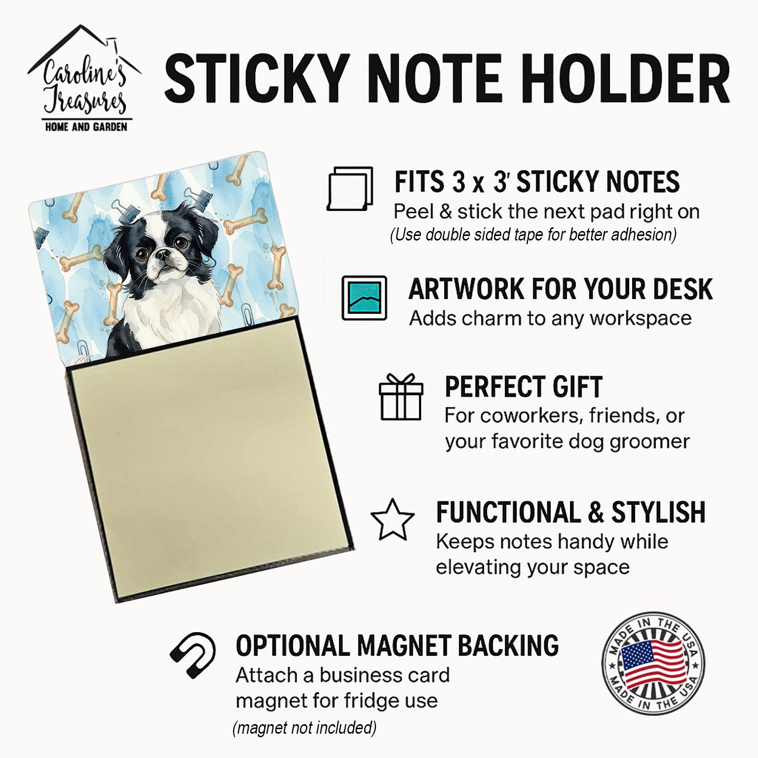 Black and White Japanese Chin Coworker Watercolor Sticky Note Holder Refillable Dispenser Desk Accessory 3x3 Pad Gift