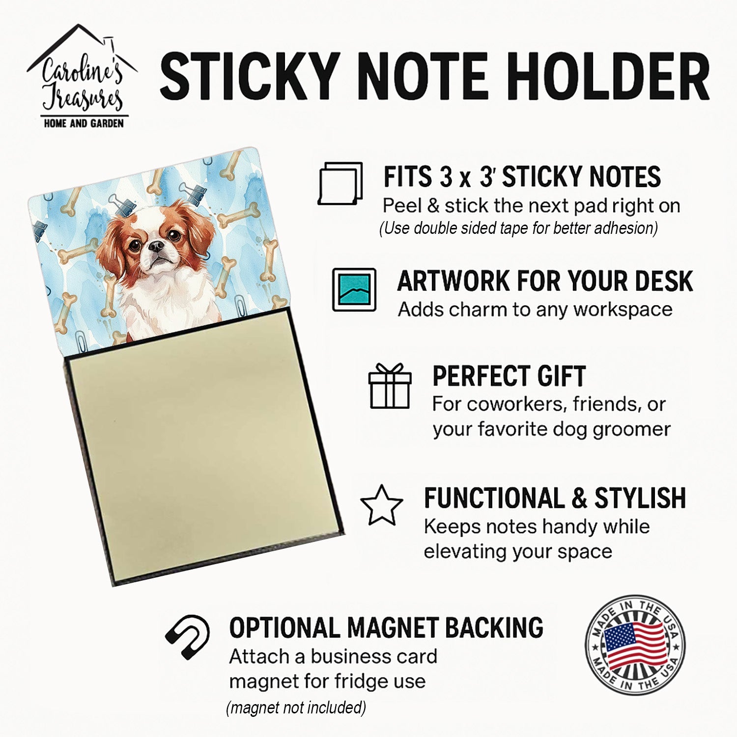 Red and White Japanese Chin Coworker Watercolor Sticky Note Holder Refillable Dispenser Desk Accessory 3x3 Pad Gift