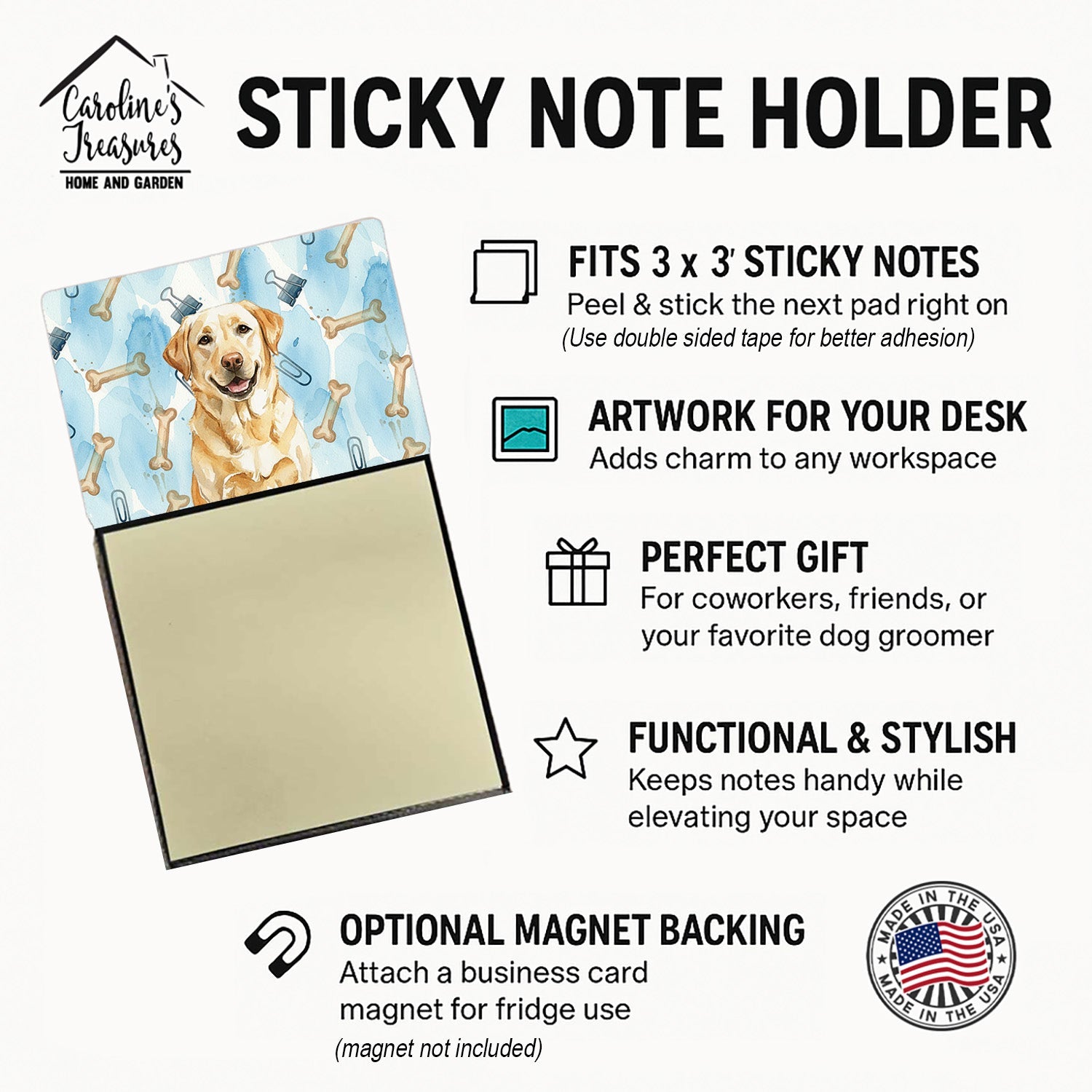 Yellow Labrador Retriever Coworker Watercolor Sticky Note Holder Refillable Dispenser Desk Accessory 3x3 Pad Gift