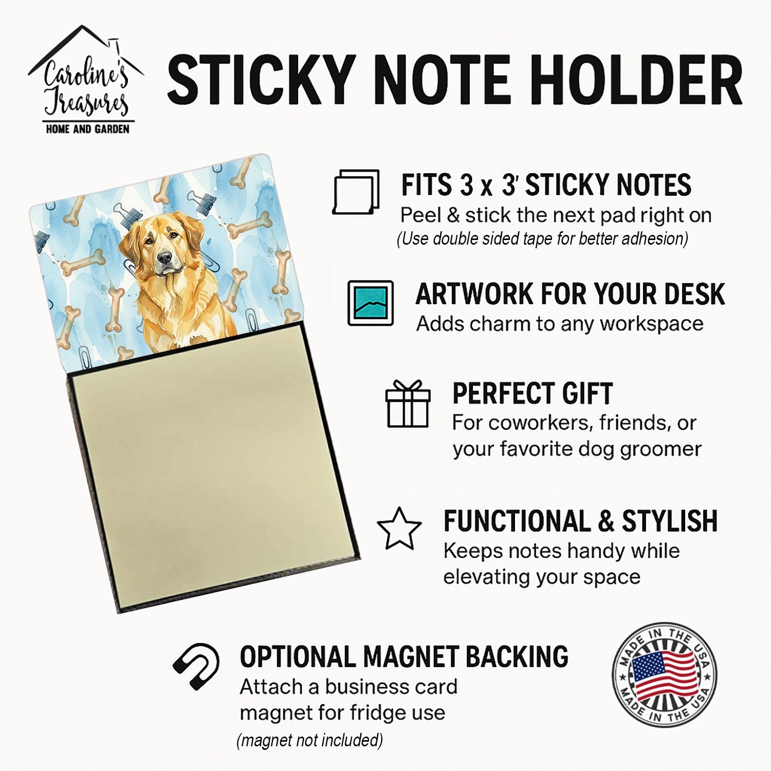 Lion Yellow Leonberger Coworker Watercolor Sticky Note Holder Refillable Dispenser Desk Accessory 3x3 Pad Gift