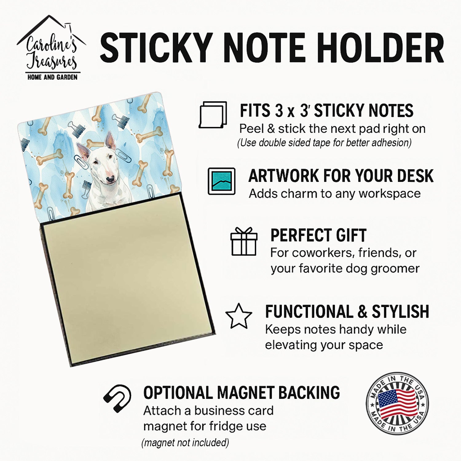 White Miniature Bull Terrier Coworker Watercolor Sticky Note Holder Refillable Dispenser Desk Accessory 3x3 Pad Gift
