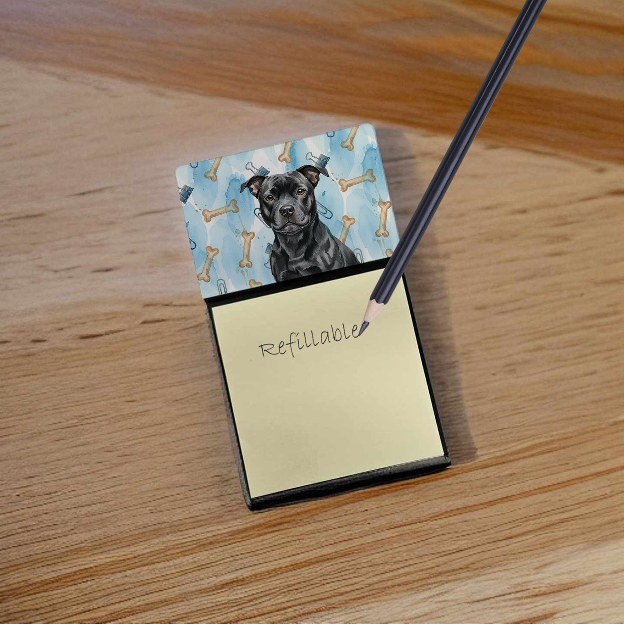 Black Staffordshire Bull Terrier Coworker Watercolor Sticky Note Holder Refillable Dispenser Desk Accessory 3x3 Pad Gift
