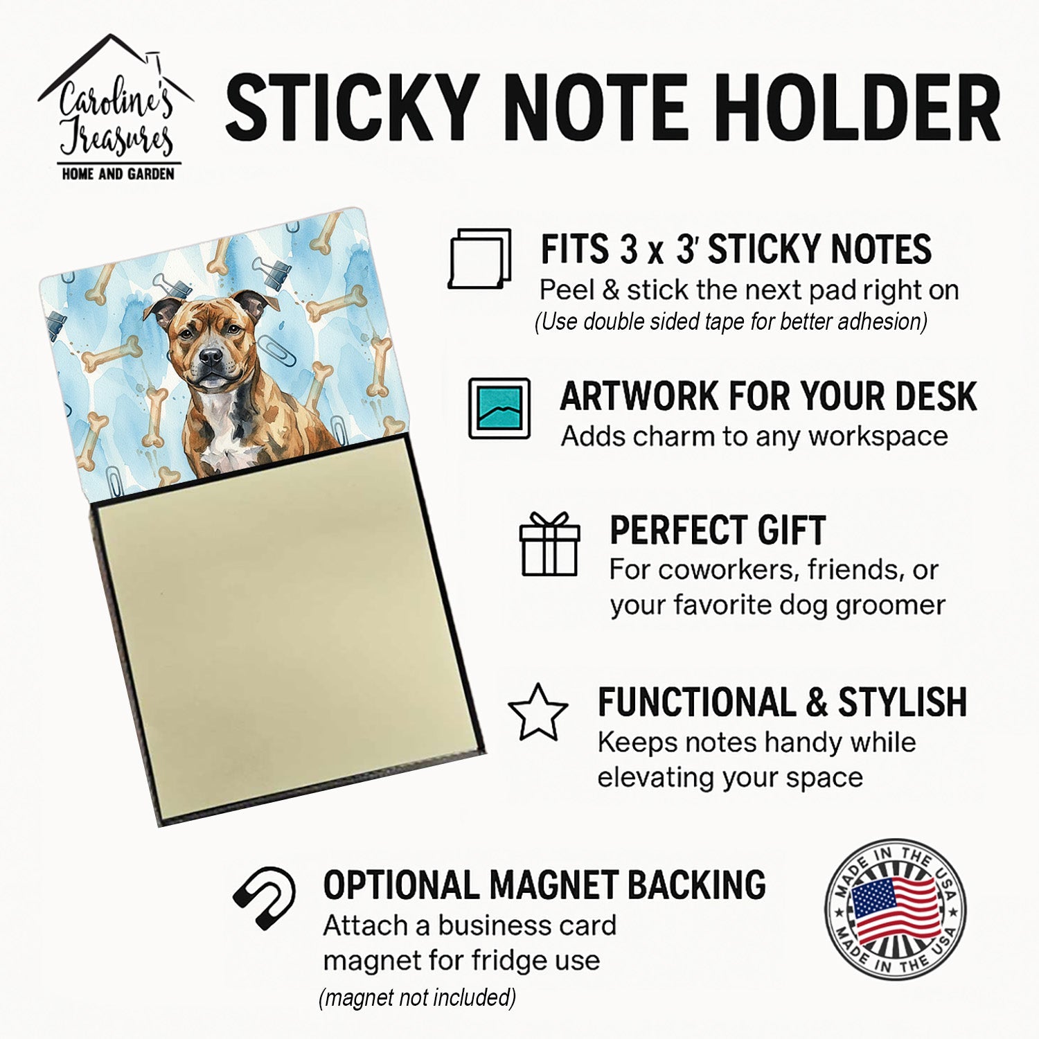 Brindle Staffordshire Bull Terrier Coworker Watercolor Sticky Note Holder Refillable Dispenser Desk Accessory 3x3 Pad Gift
