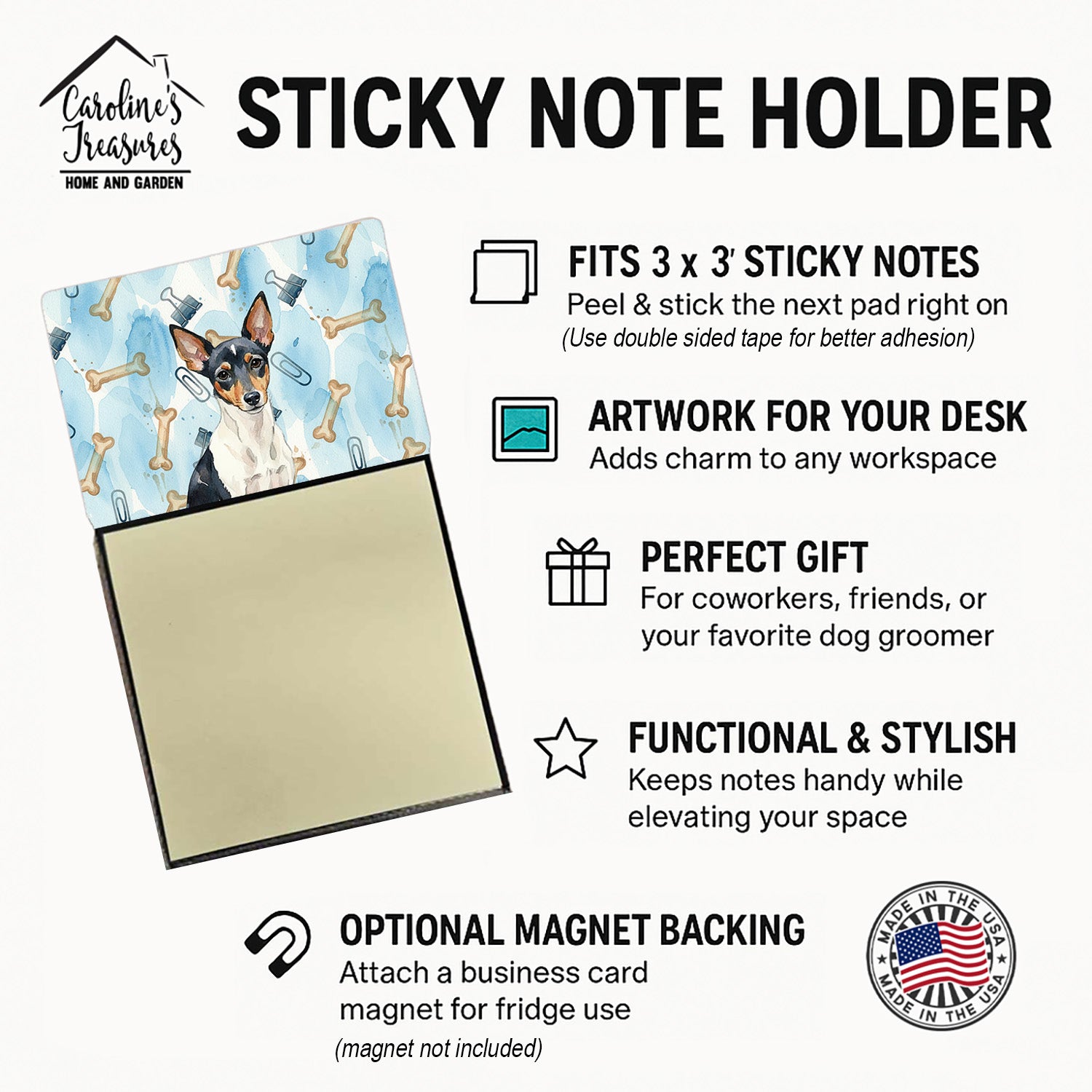 Toy Fox Terrier Coworker Watercolor Sticky Note Holder Refillable Dispenser Desk Accessory 3x3 Pad Gift
