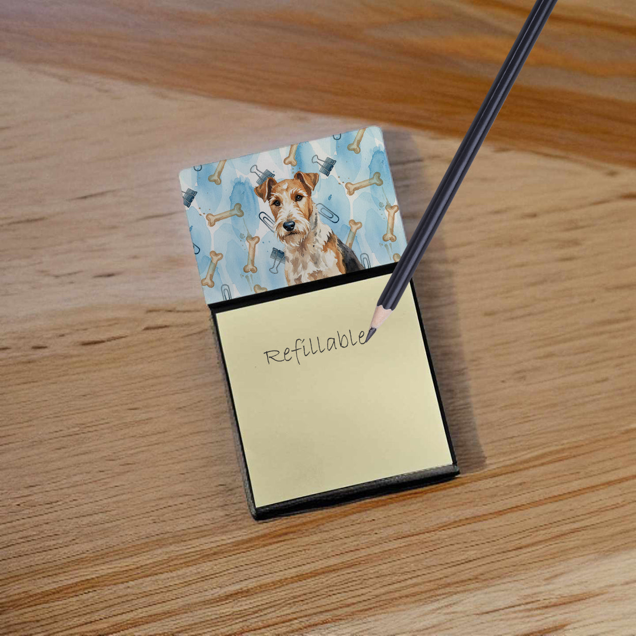 Wire Fox Terrier Coworker Watercolor Sticky Note Holder Refillable Dispenser Desk Accessory 3x3 Pad Gift