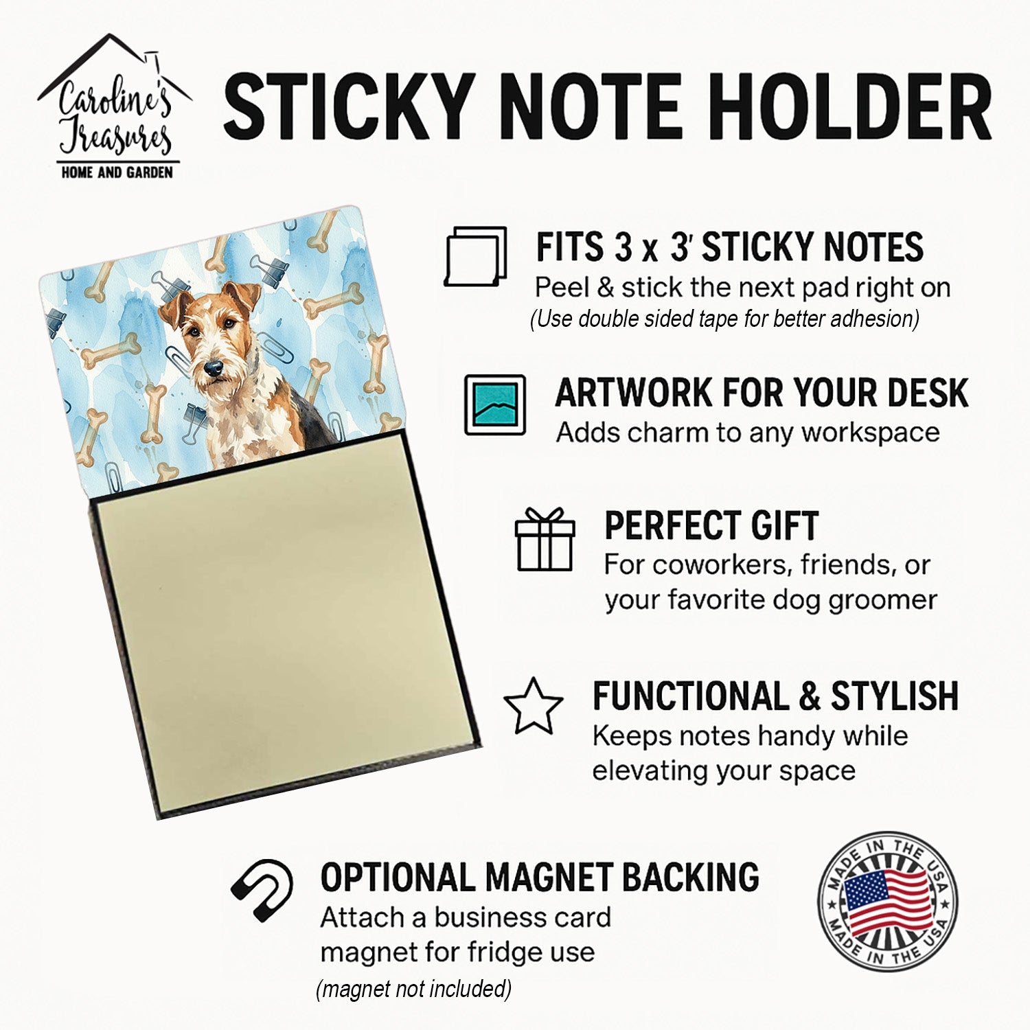 Wire Fox Terrier Coworker Watercolor Sticky Note Holder Refillable Dispenser Desk Accessory 3x3 Pad Gift