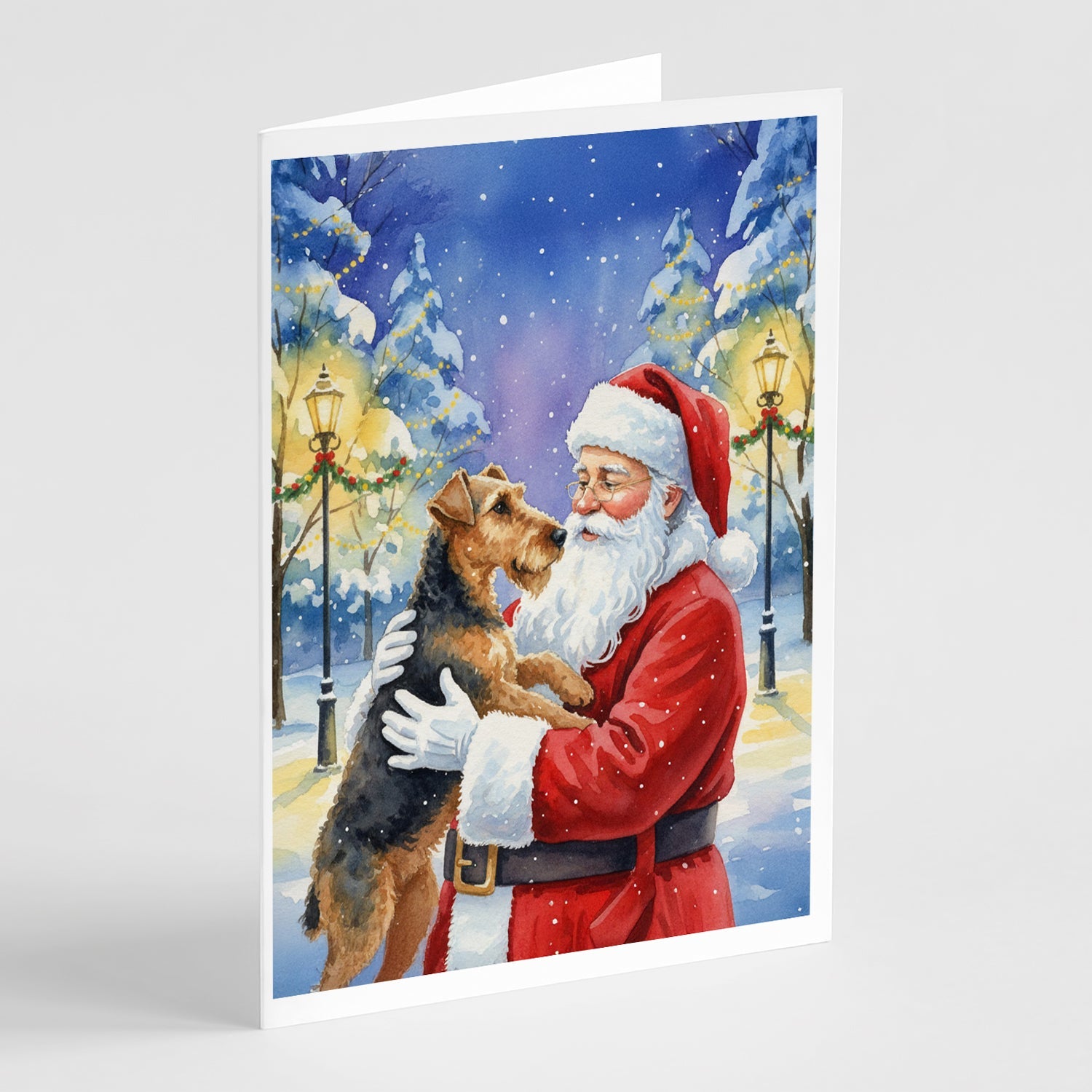 Airedale Terrier with Santa Claus Greeting Cards Pack of 8 Blank Cards with Envelopes Whimsical A7 Size 5x7
