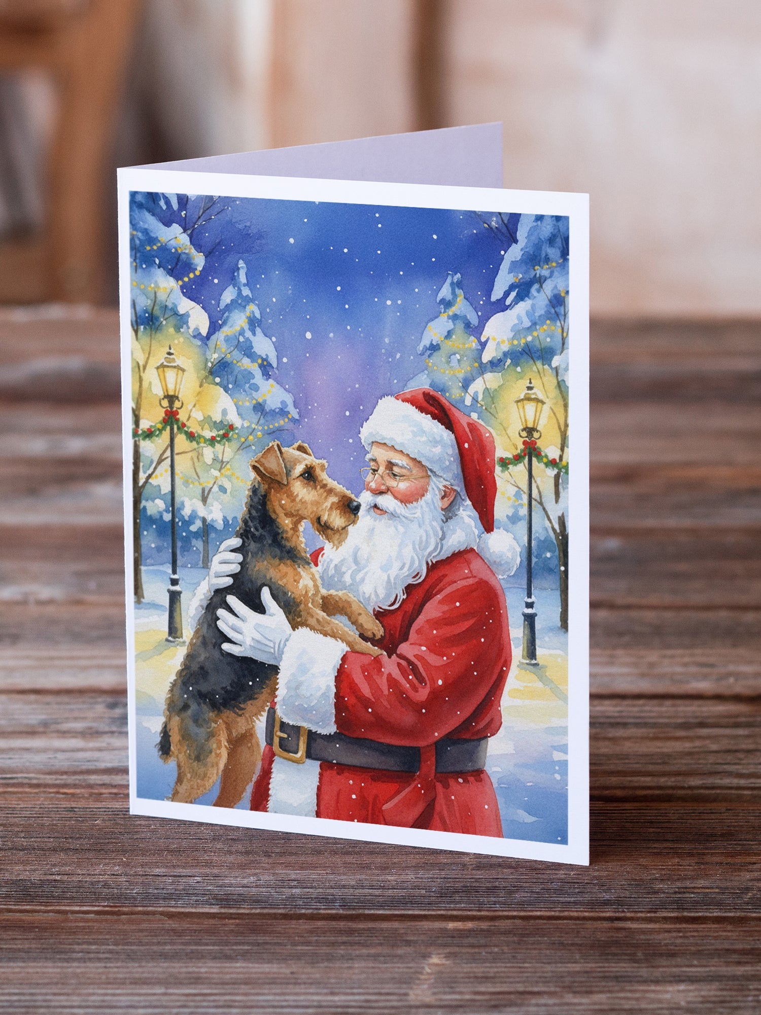 Airedale Terrier with Santa Claus Greeting Cards Pack of 8 Blank Cards with Envelopes Whimsical A7 Size 5x7