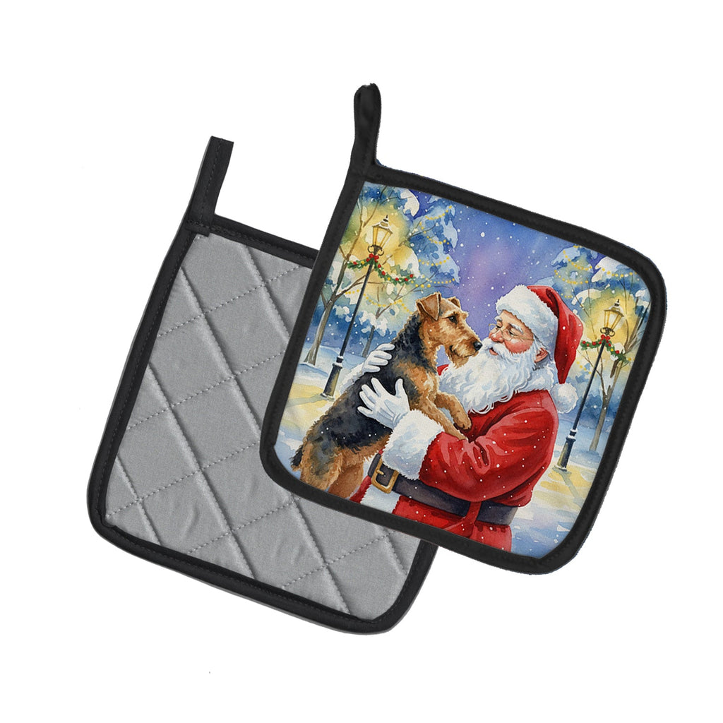 Airedale Terrier with Santa Claus Pot Holder Set of 2 Heat Resistant Quilted Hot Pads 7.5 x 7.5 Inch, Insulated Kitchen Trivets for Cooking & Baking