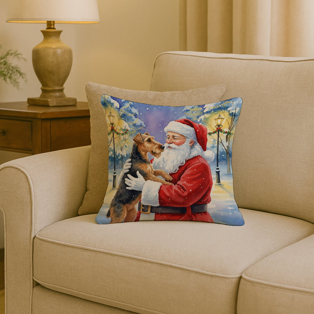 Airedale Terrier with Santa Claus Decorative Throw Pillow 18x18 Indoor Outdoor Accent Cushion, Fabric Cover with Insert for Sofa, Bed, Porch & Living Room