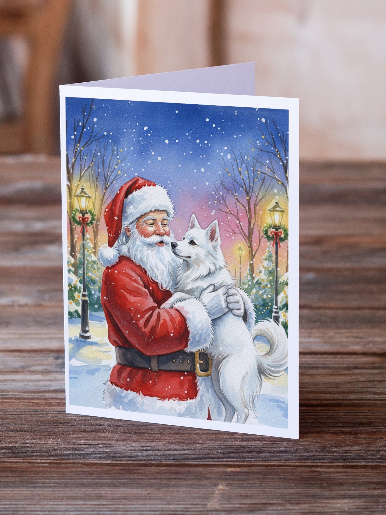 American Eskimo with Santa Claus Greeting Cards Pack of 8 Blank Cards with Envelopes Whimsical A7 Size 5x7