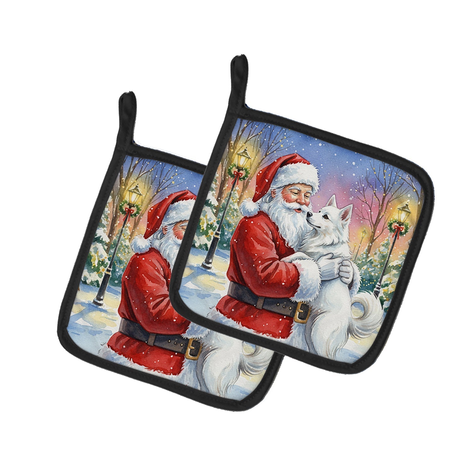 American Eskimo with Santa Claus Pot Holder Set of 2 Heat Resistant Quilted Hot Pads 7.5 x 7.5 Inch, Insulated Kitchen Trivets for Cooking & Baking