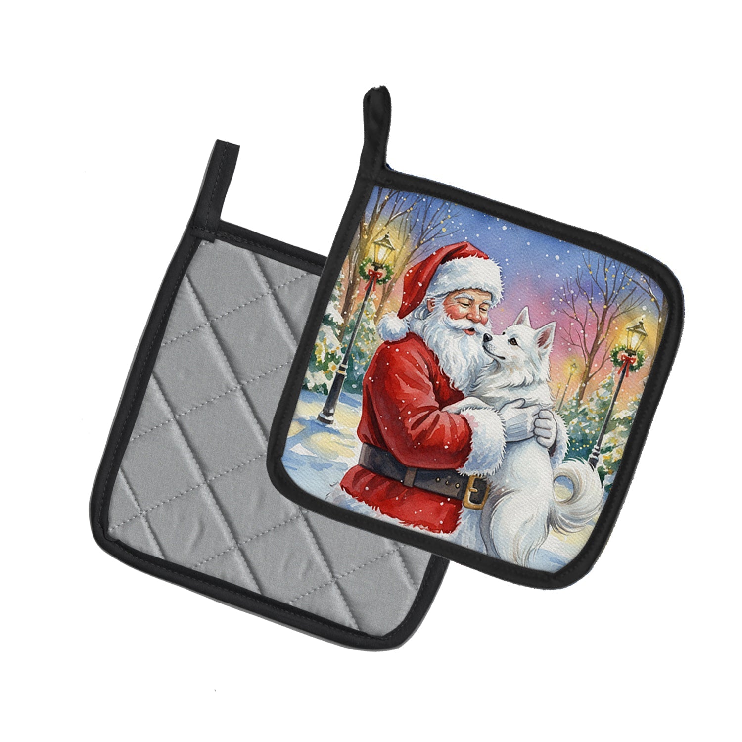 American Eskimo with Santa Claus Pot Holder Set of 2 Heat Resistant Quilted Hot Pads 7.5 x 7.5 Inch, Insulated Kitchen Trivets for Cooking & Baking