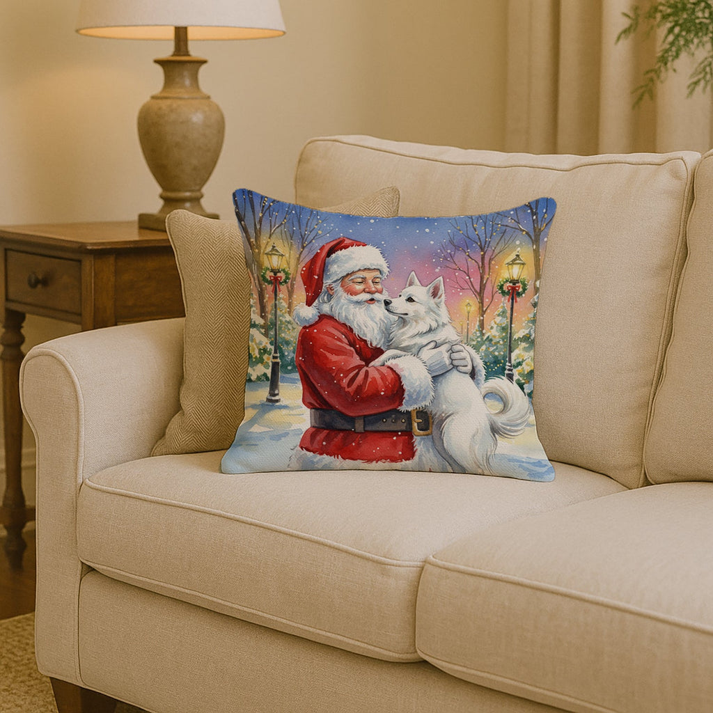 American Eskimo with Santa Claus Decorative Throw Pillow 14x14 Indoor Outdoor Accent Cushion, Fabric Cover with Insert for Sofa, Bed, Porch & Living Room