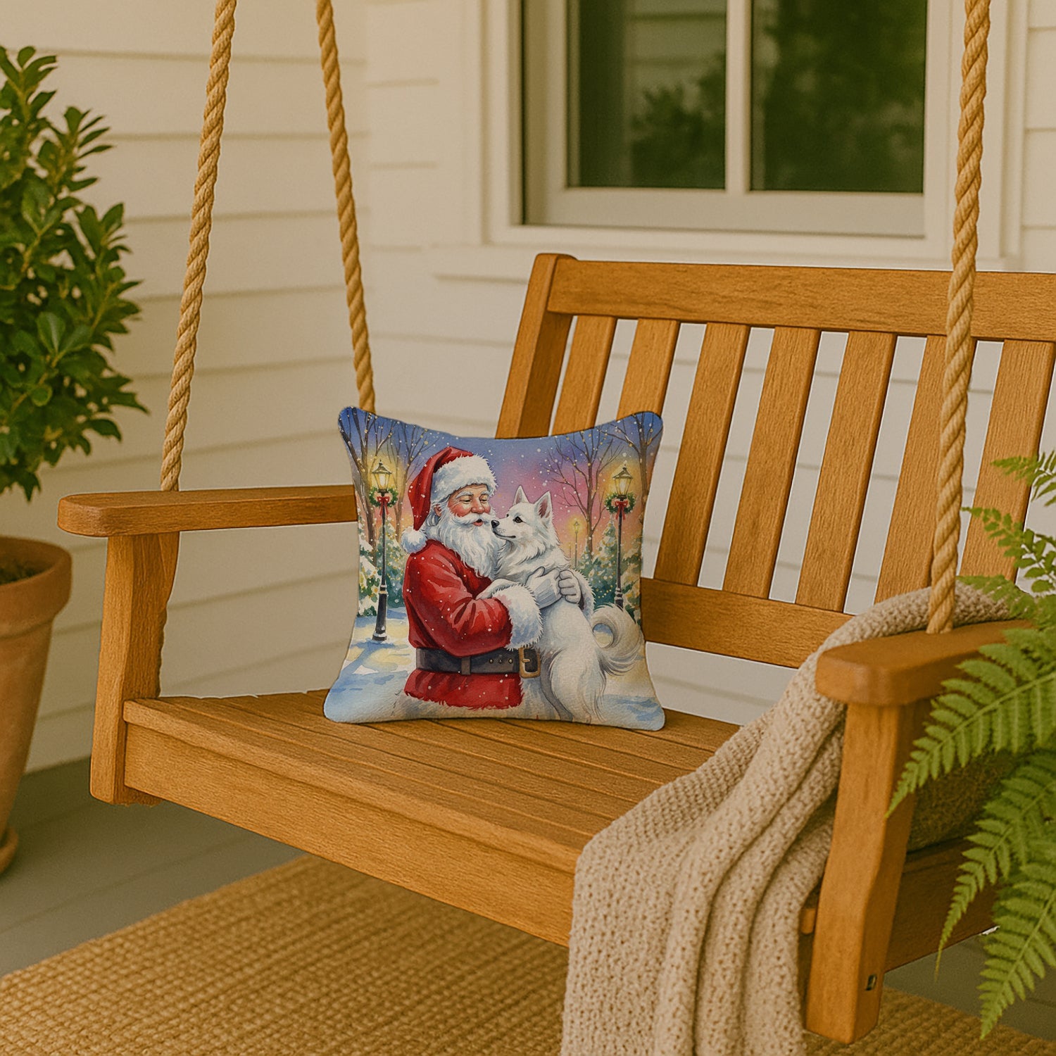 American Eskimo with Santa Claus Decorative Throw Pillow 14x14 Indoor Outdoor Accent Cushion, Fabric Cover with Insert for Sofa, Bed, Porch & Living Room