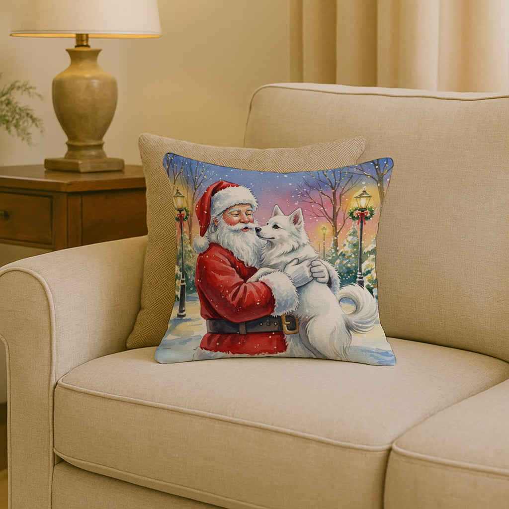 American Eskimo with Santa Claus Decorative Throw Pillow 18x18 Indoor Outdoor Accent Cushion, Fabric Cover with Insert for Sofa, Bed, Porch & Living Room