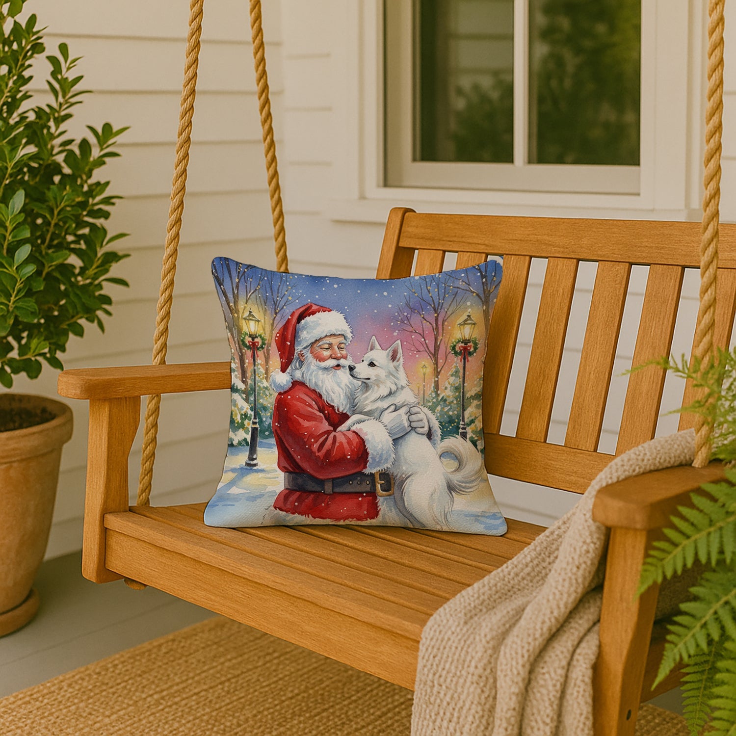 American Eskimo with Santa Claus Decorative Throw Pillow 18x18 Indoor Outdoor Accent Cushion, Fabric Cover with Insert for Sofa, Bed, Porch & Living Room