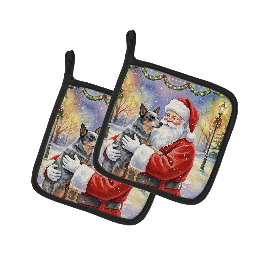 Australian Cattle Dog with Santa Claus Pot Holder Set of 2 Heat Resistant Quilted Hot Pads 7.5 x 7.5 Inch, Insulated Kitchen Trivets for Cooking & Baking
