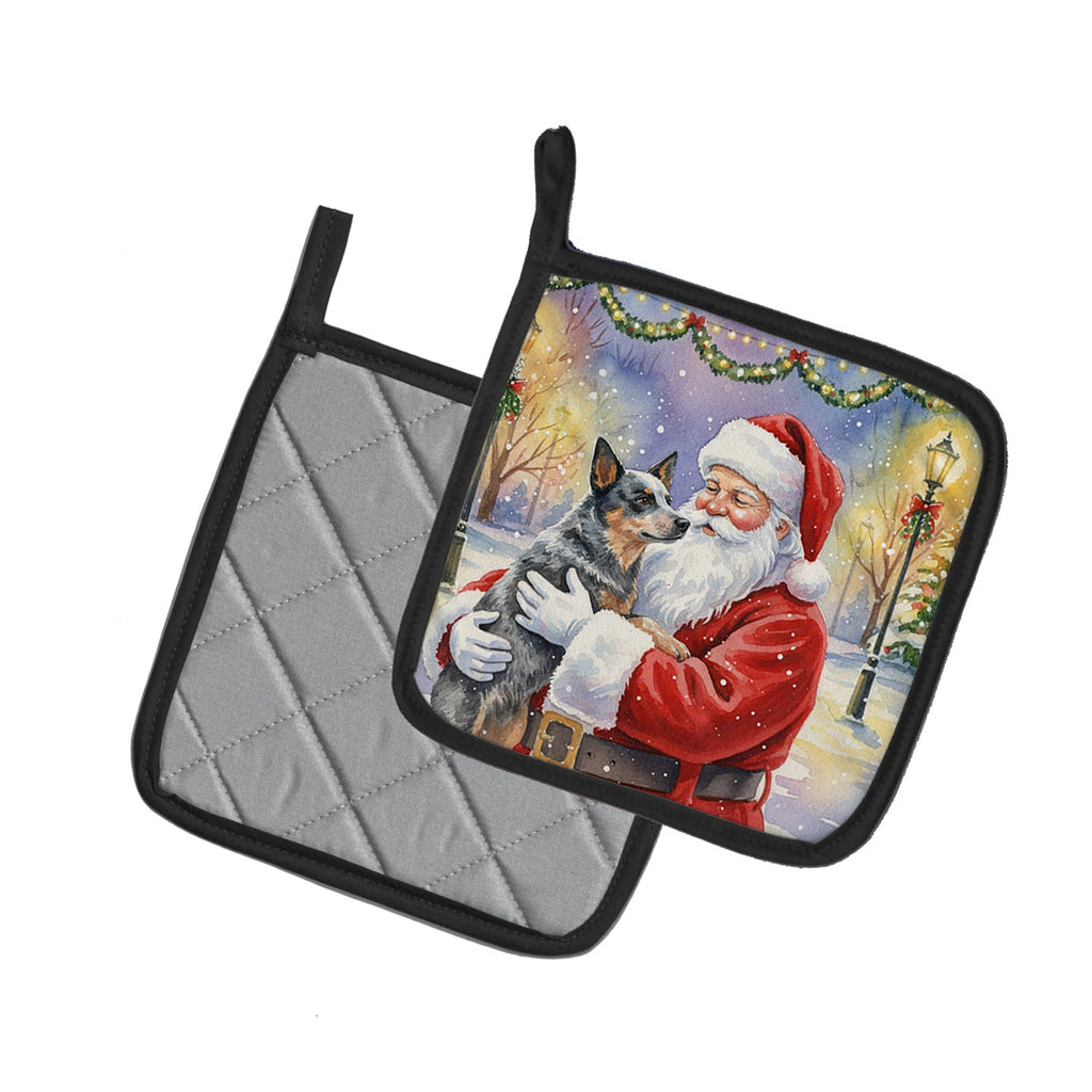 Australian Cattle Dog with Santa Claus Pot Holder Set of 2 Heat Resistant Quilted Hot Pads 7.5 x 7.5 Inch, Insulated Kitchen Trivets for Cooking & Baking