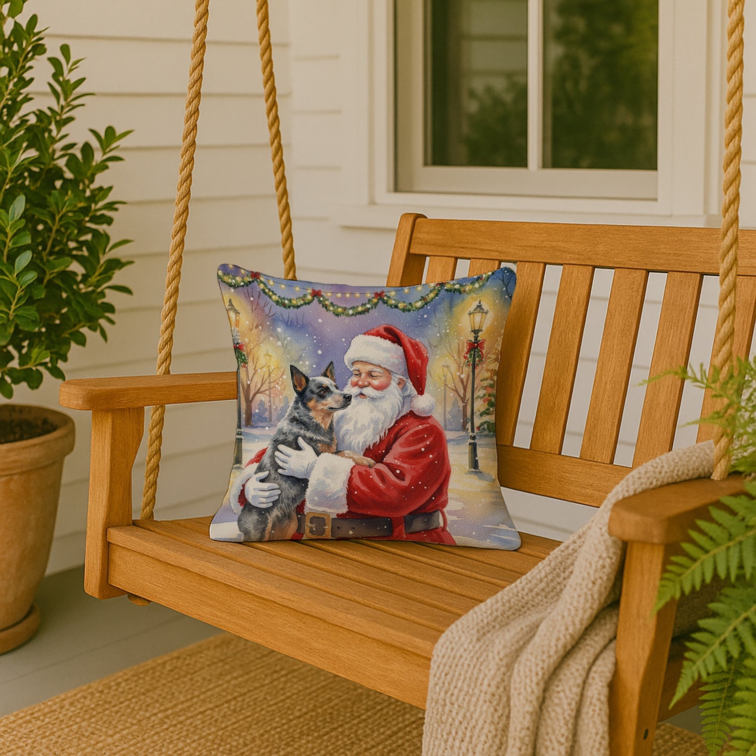 Australian Cattle Dog with Santa Claus Decorative Throw Pillow 18x18 Indoor Outdoor Accent Cushion, Fabric Cover with Insert for Sofa, Bed, Porch & Living Room
