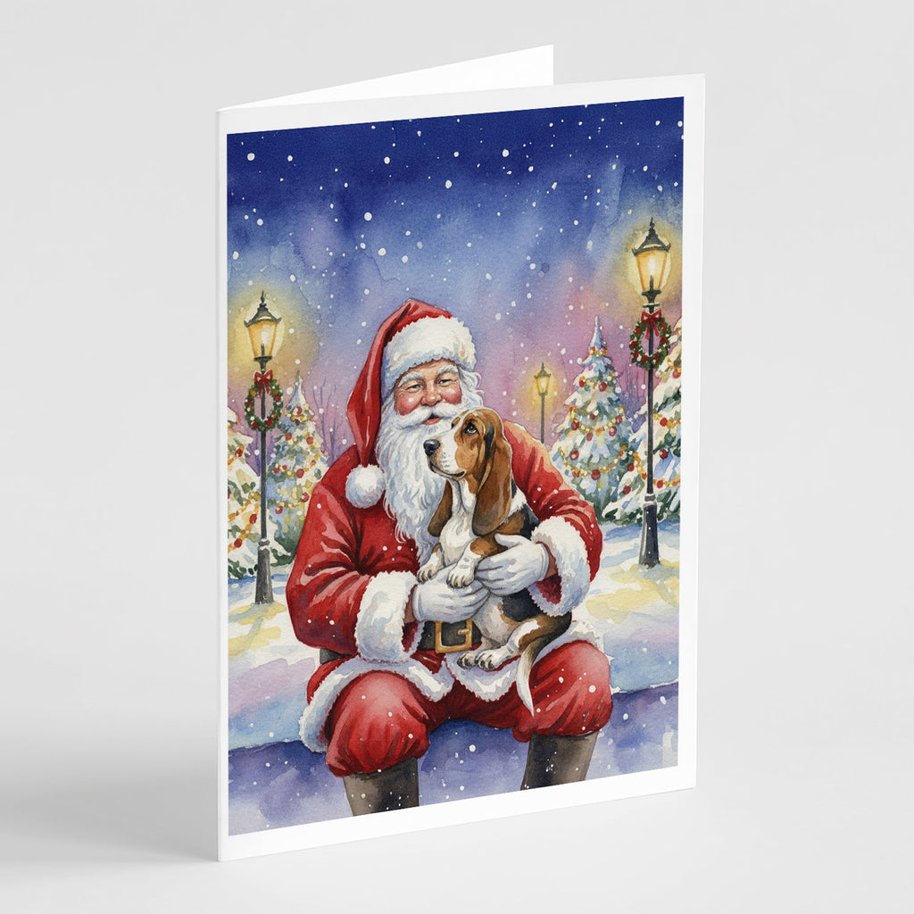 Basset Hound with Santa Claus Greeting Cards Pack of 8 Blank Cards with Envelopes Whimsical A7 Size 5x7