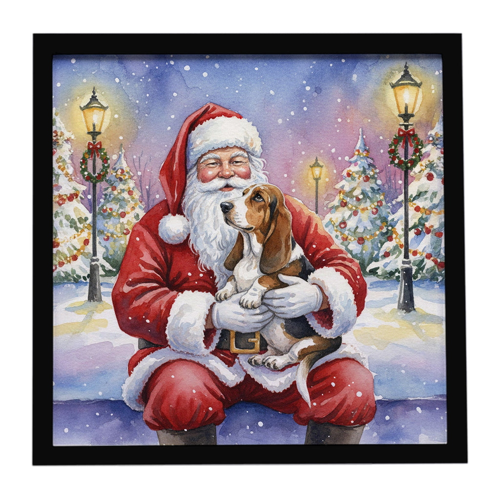 Basset Hound with Santa Claus Framed Metal Print Bathroom, Kitchen, Office, Home Decor Wall Art Ready to Hang, Square, 8X8