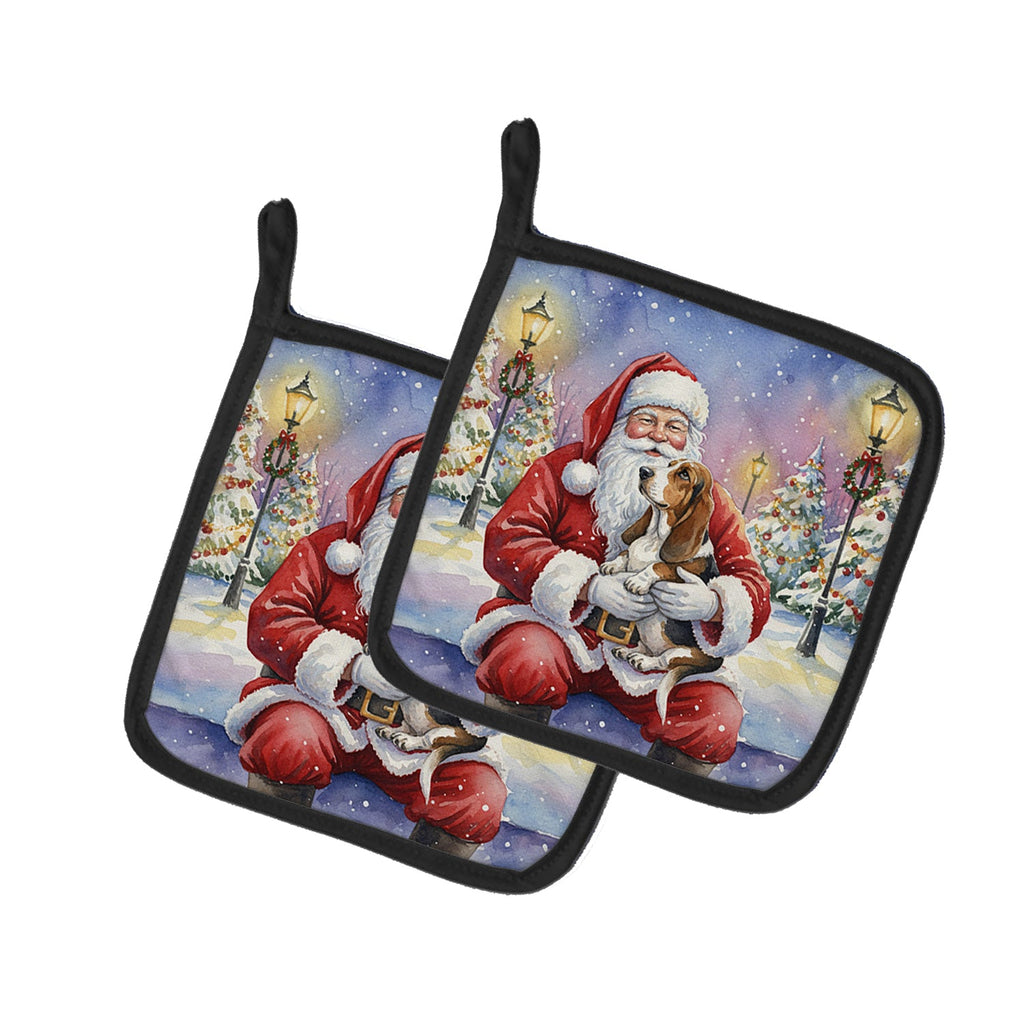 Basset Hound with Santa Claus Pot Holder Set of 2 Heat Resistant Quilted Hot Pads 7.5 x 7.5 Inch, Insulated Kitchen Trivets for Cooking & Baking