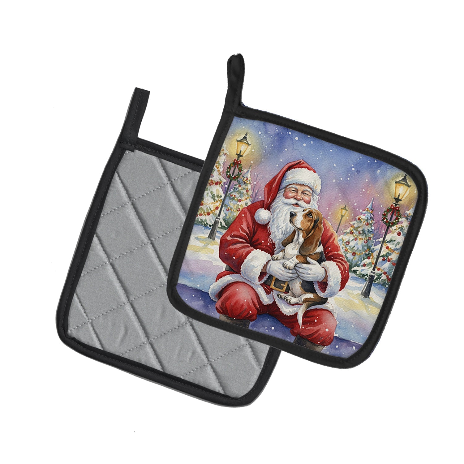 Basset Hound with Santa Claus Pot Holder Set of 2 Heat Resistant Quilted Hot Pads 7.5 x 7.5 Inch, Insulated Kitchen Trivets for Cooking & Baking