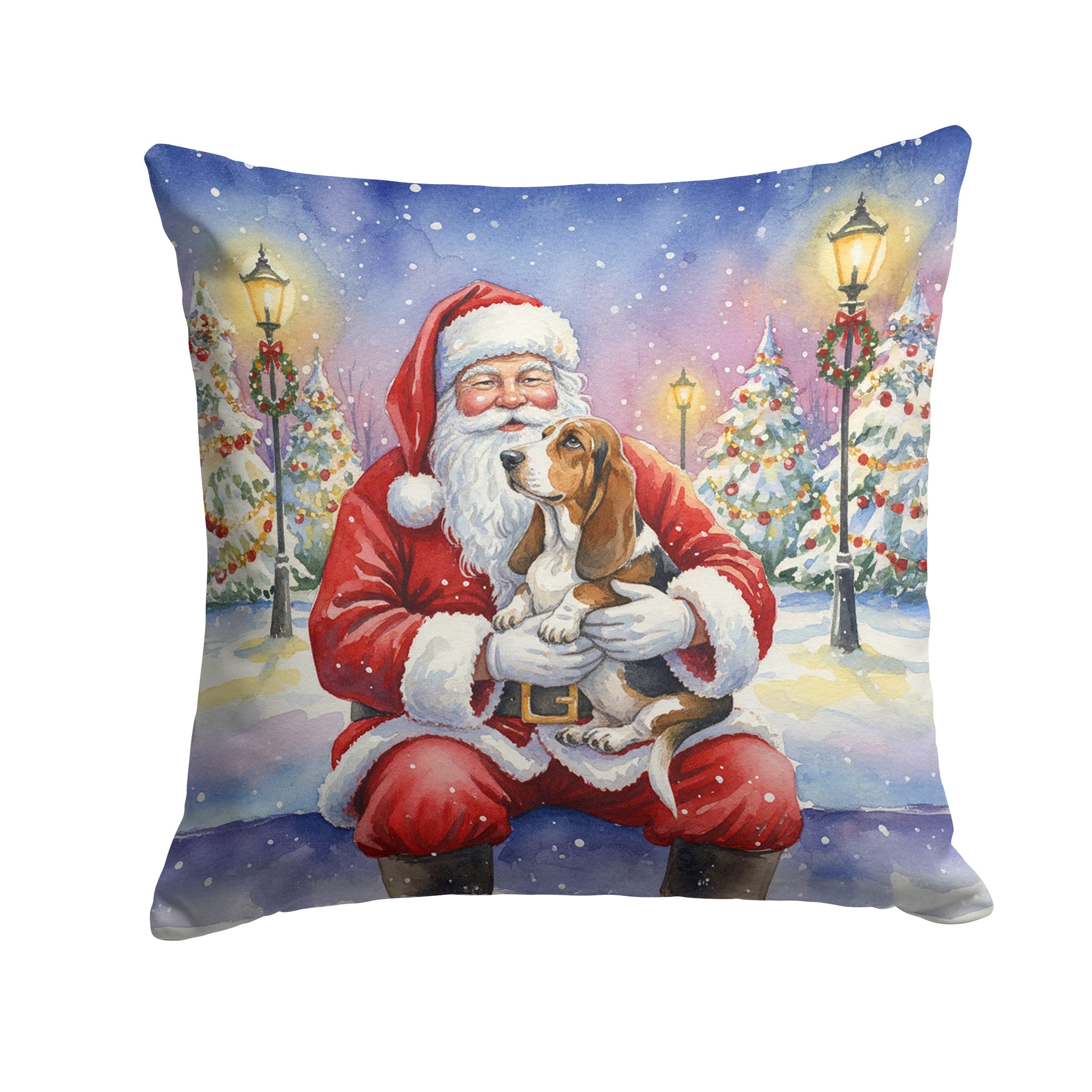 Basset Hound with Santa Claus Decorative Throw Pillow 14x14 Indoor Outdoor Accent Cushion, Fabric Cover with Insert for Sofa, Bed, Porch & Living Room