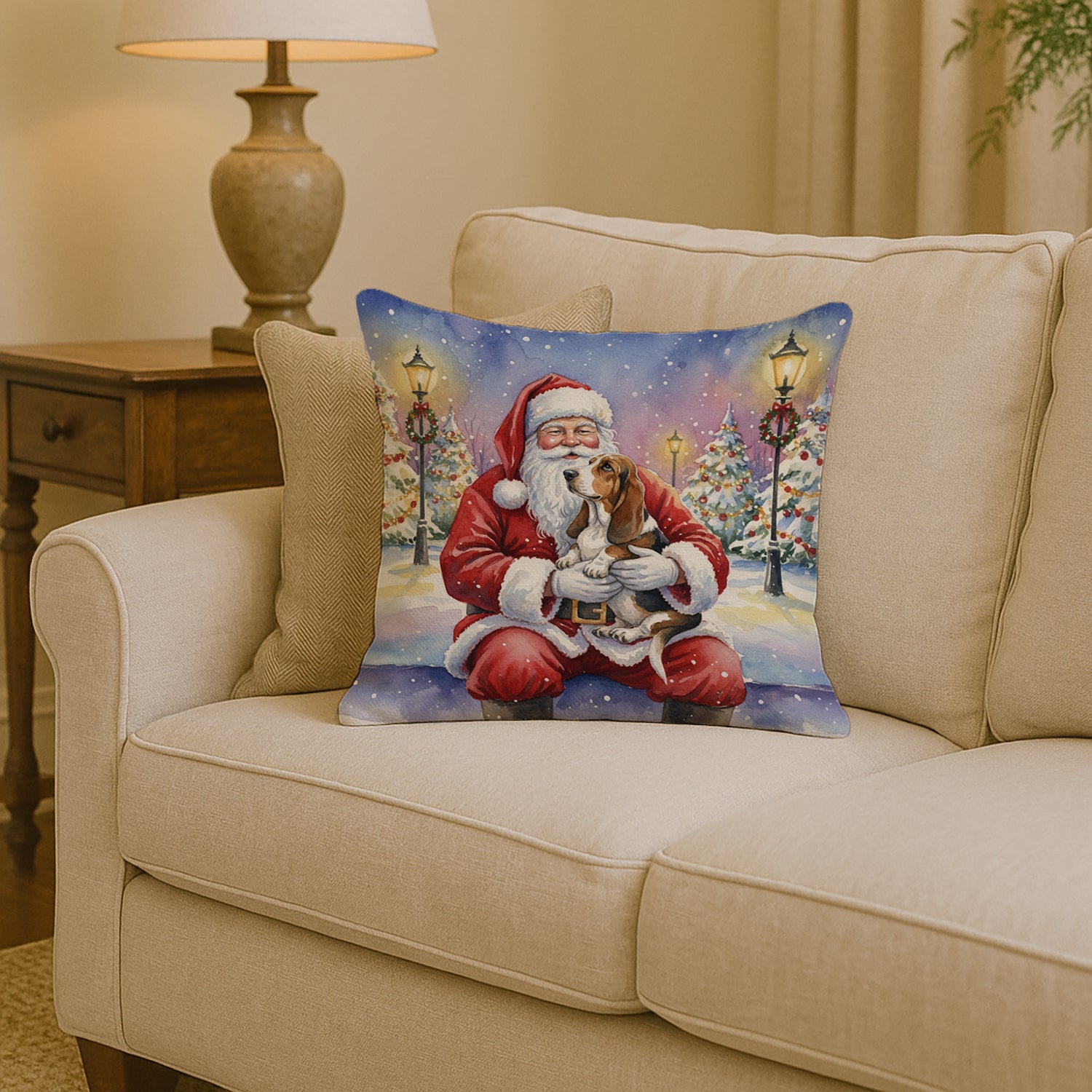 Basset Hound with Santa Claus Decorative Throw Pillow 14x14 Indoor Outdoor Accent Cushion, Fabric Cover with Insert for Sofa, Bed, Porch & Living Room